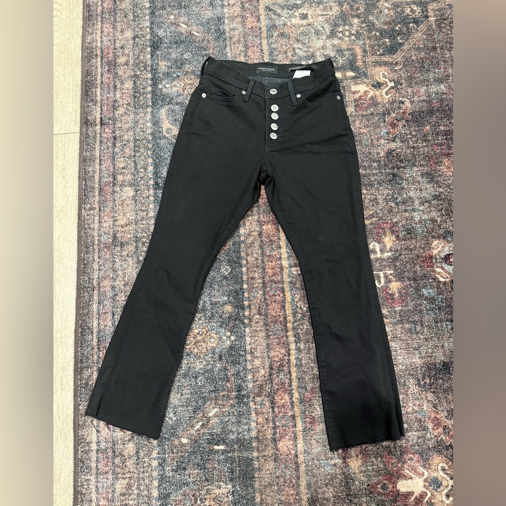 Banana Republic Black Flare Cropped Raw Hem Jeans with Button-Fly. Sz 24 petite